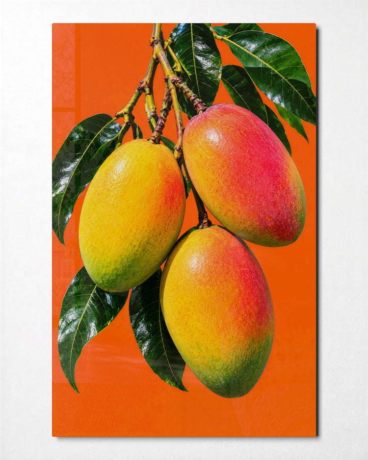Mangoes on Orange glass wall art, front view