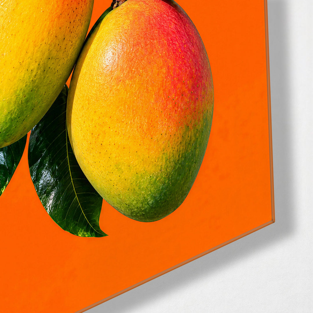 Mangoes on Orange glass wall art, corner view