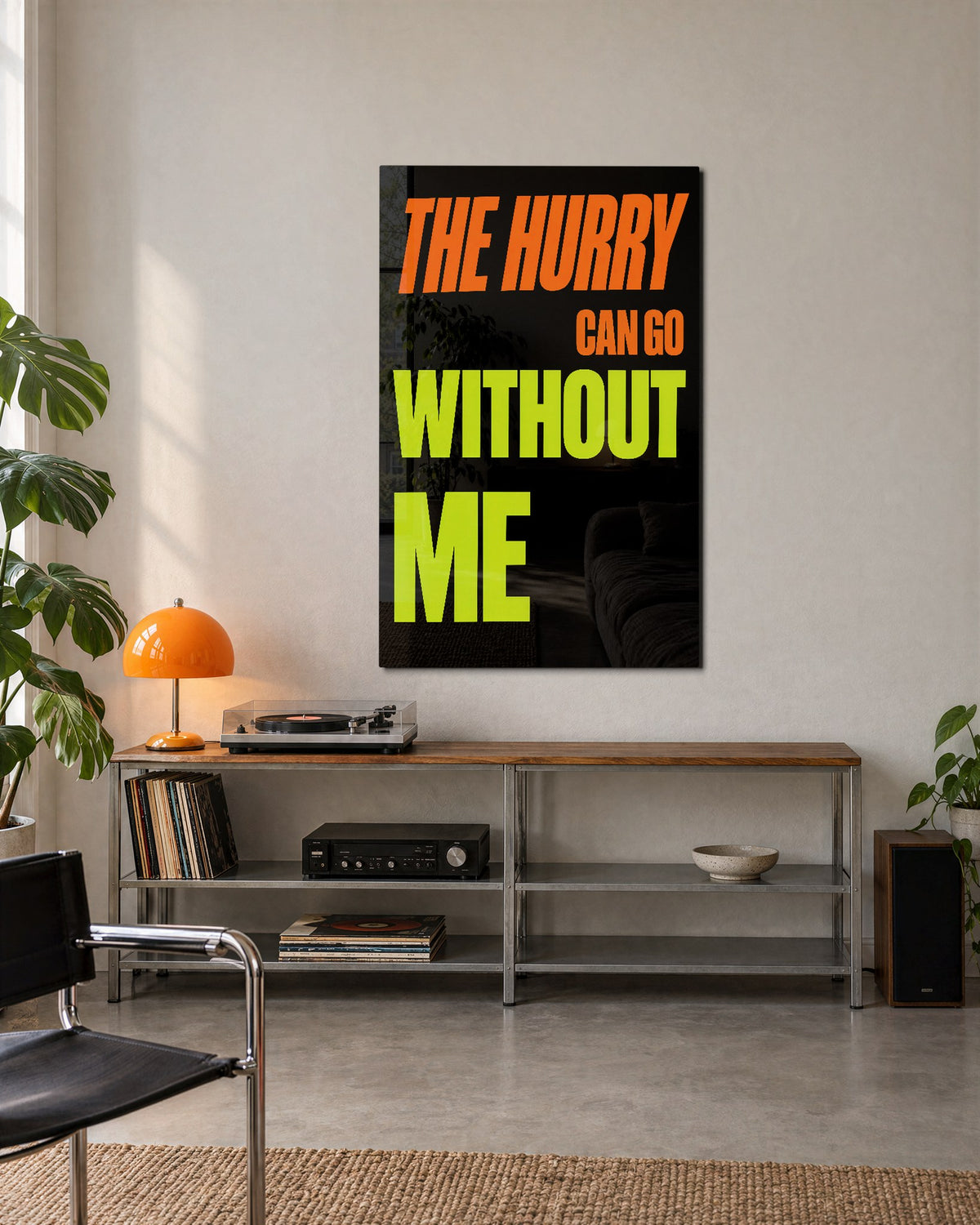 Rush Not Invited glass wall art, lifestyle view