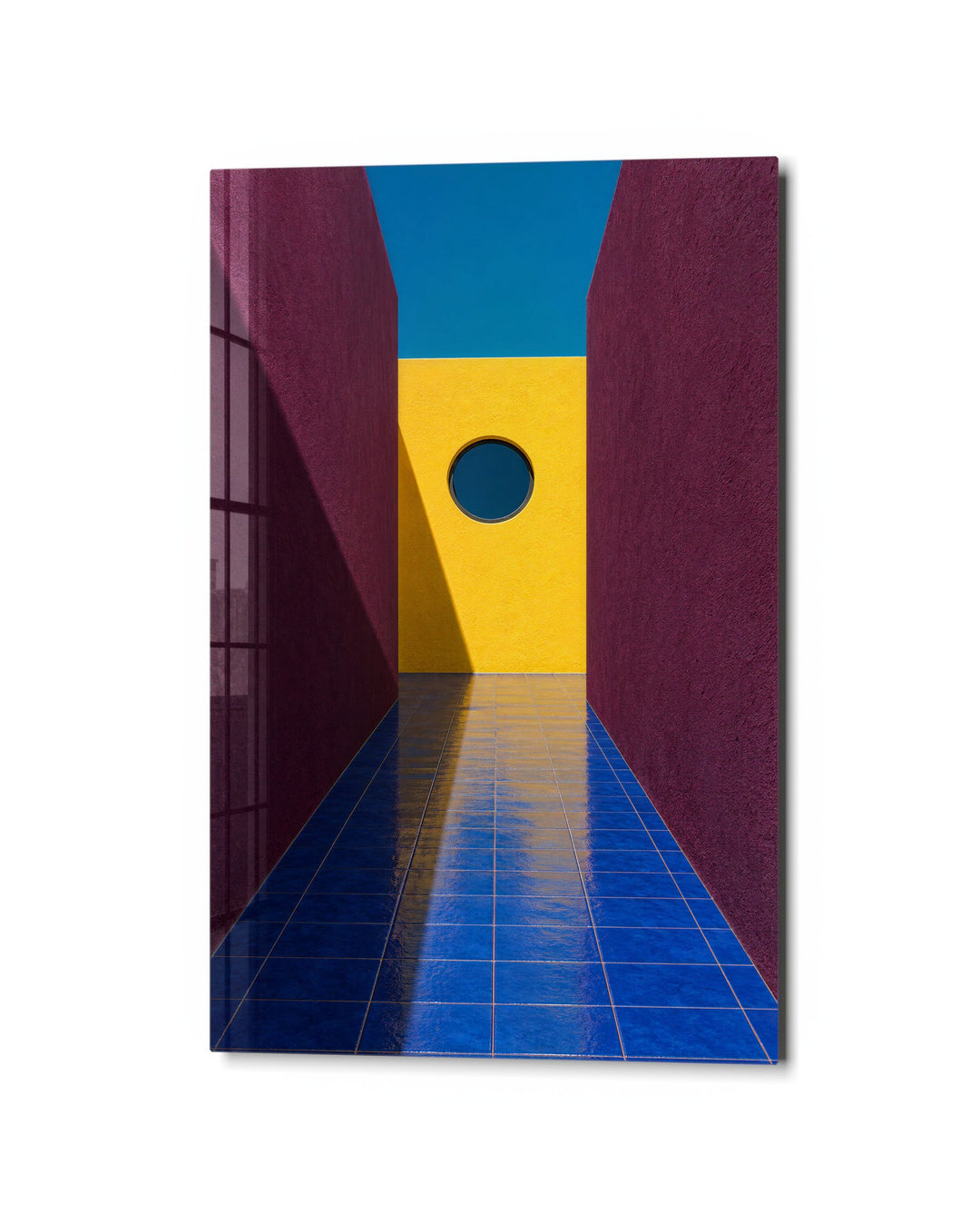 Plum Corridor to Sunshine glass wall art, studio view