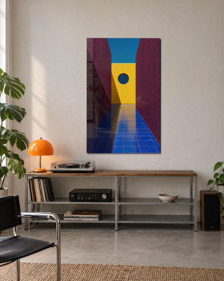 Plum Corridor to Sunshine glass wall art, lifestyle view