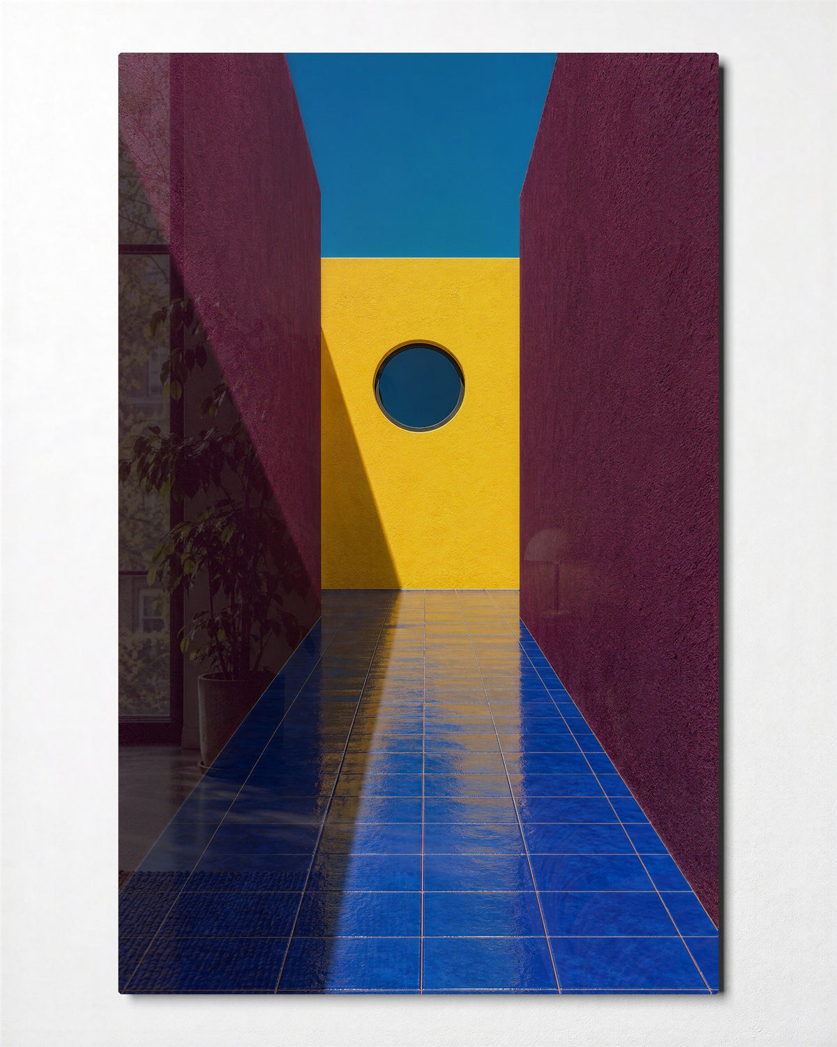 Plum Corridor to Sunshine glass wall art, front view