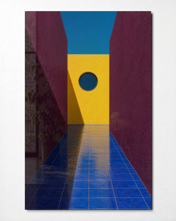 Plum Corridor to Sunshine glass wall art, front view