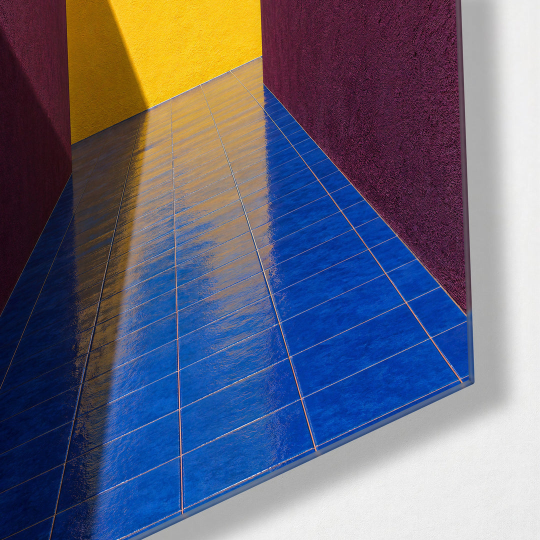 Plum Corridor to Sunshine glass wall art, corner view