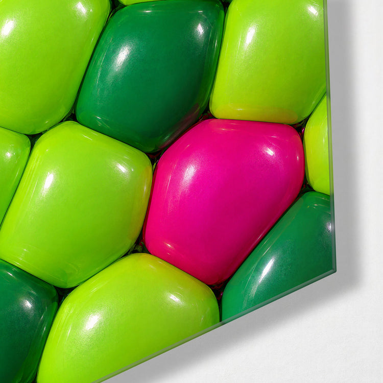 The Glossy Outlier glass wall art, corner view