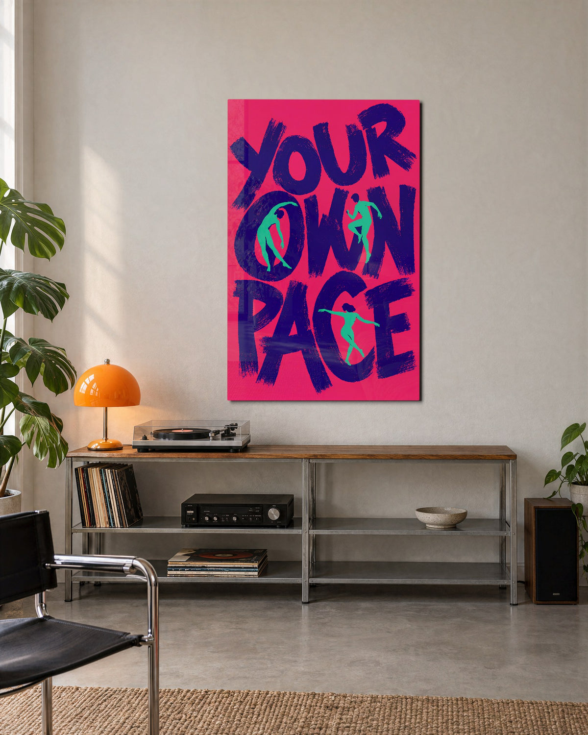 Unhurried Letters glass wall art, lifestyle view
