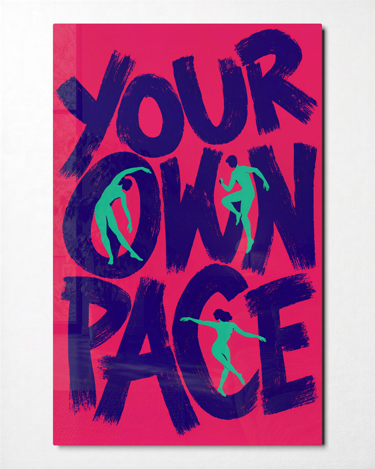 Unhurried Letters glass wall art, front view
