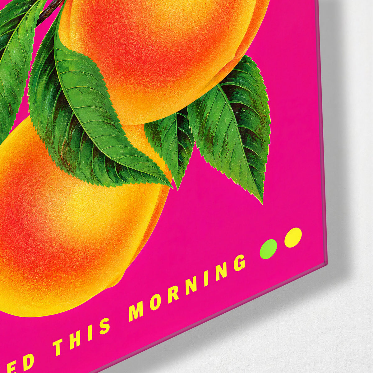 Market Day Apricots glass wall art, corner view