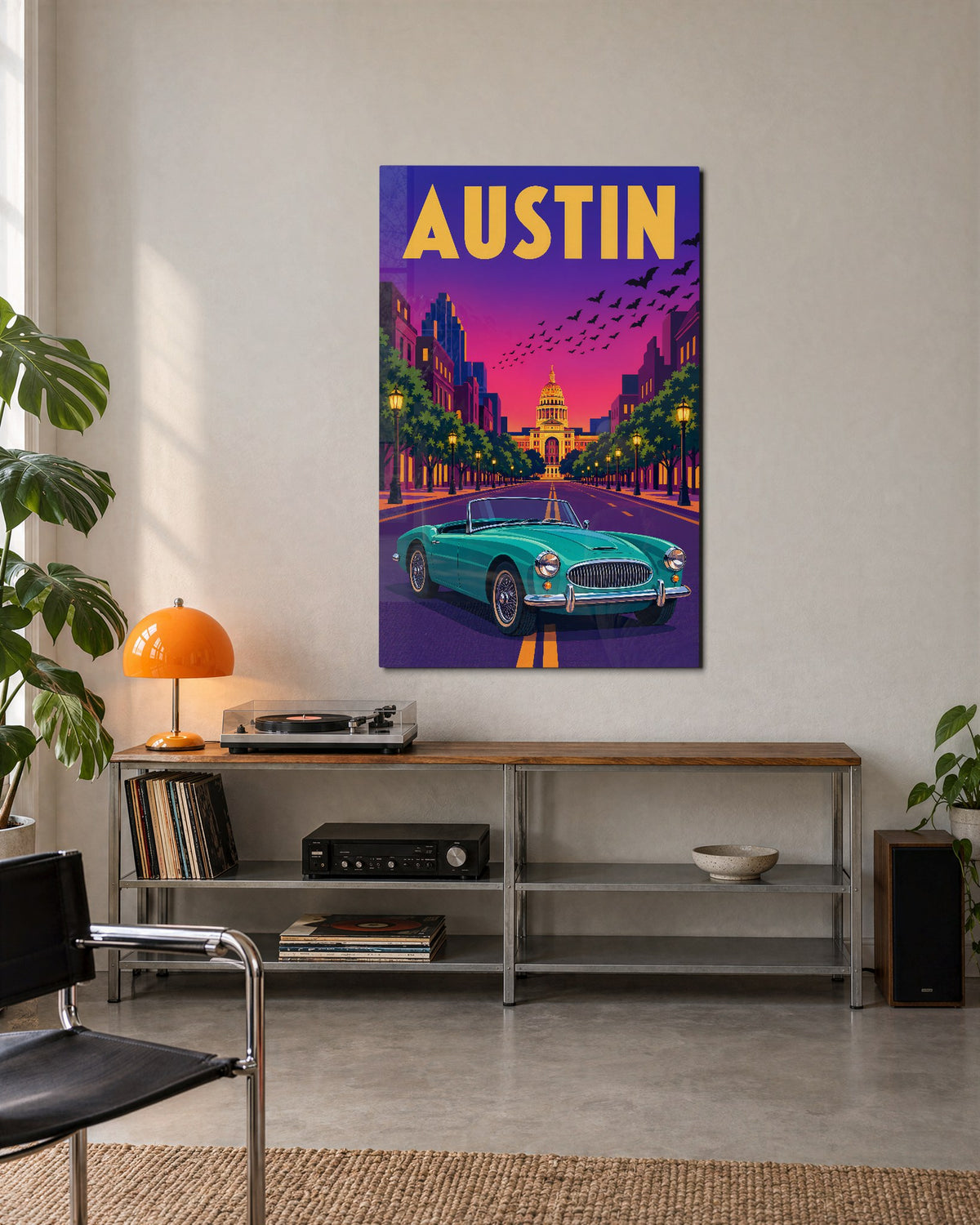 Bat Hour in Texas glass wall art, lifestyle view