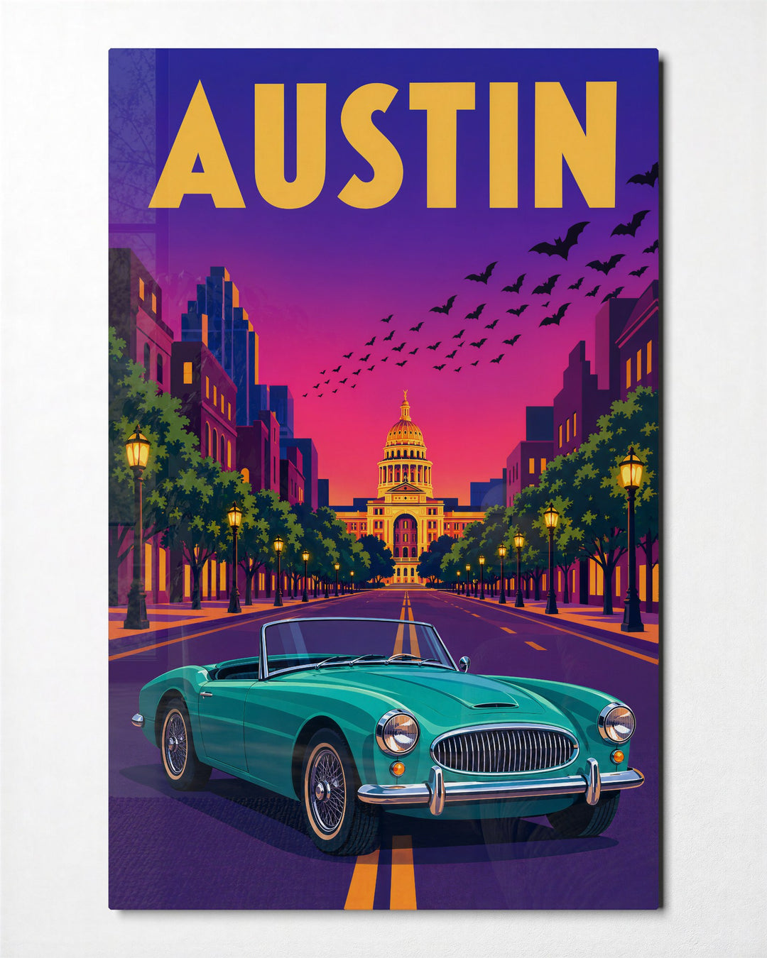 Bat Hour in Texas glass wall art, front view