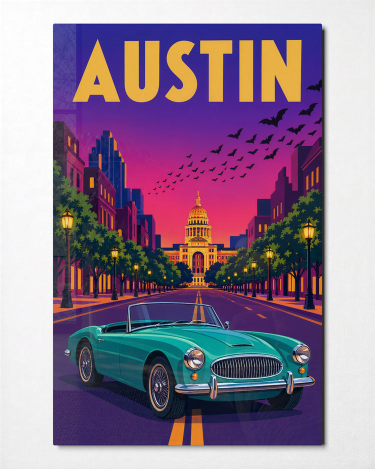 Bat Hour in Texas glass wall art, front view
