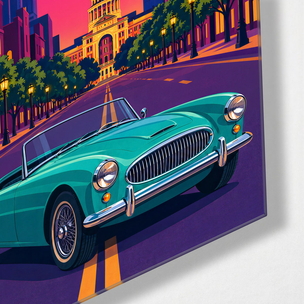 Bat Hour in Texas glass wall art, corner view