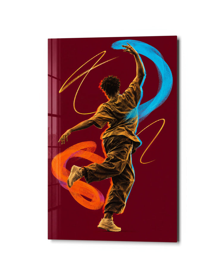 Dancer in Ribbons glass wall art, studio view