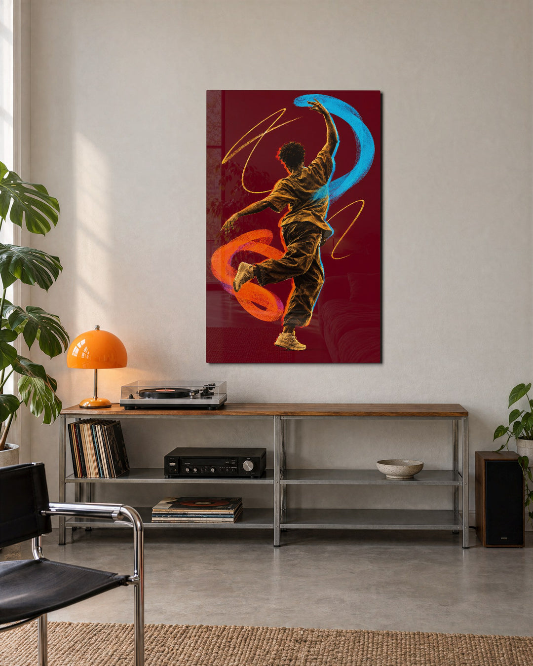 Dancer in Ribbons glass wall art, lifestyle view