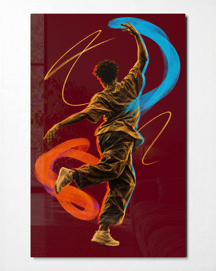 Dancer in Ribbons glass wall art, front view