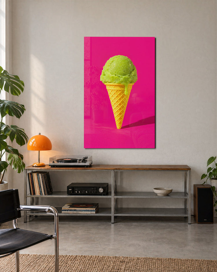 Mint Cone, Rosy Morning glass wall art, lifestyle view