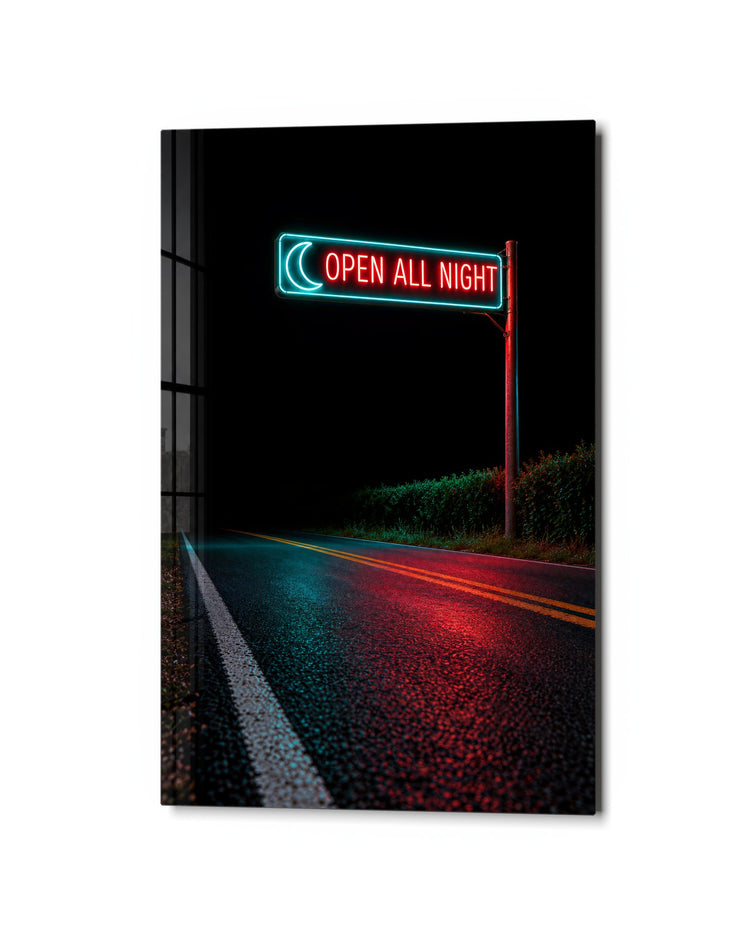 Neon on Wet Asphalt glass wall art, studio view