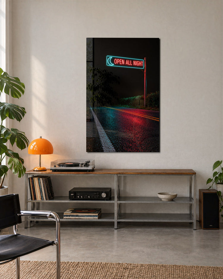 Neon on Wet Asphalt glass wall art, lifestyle view