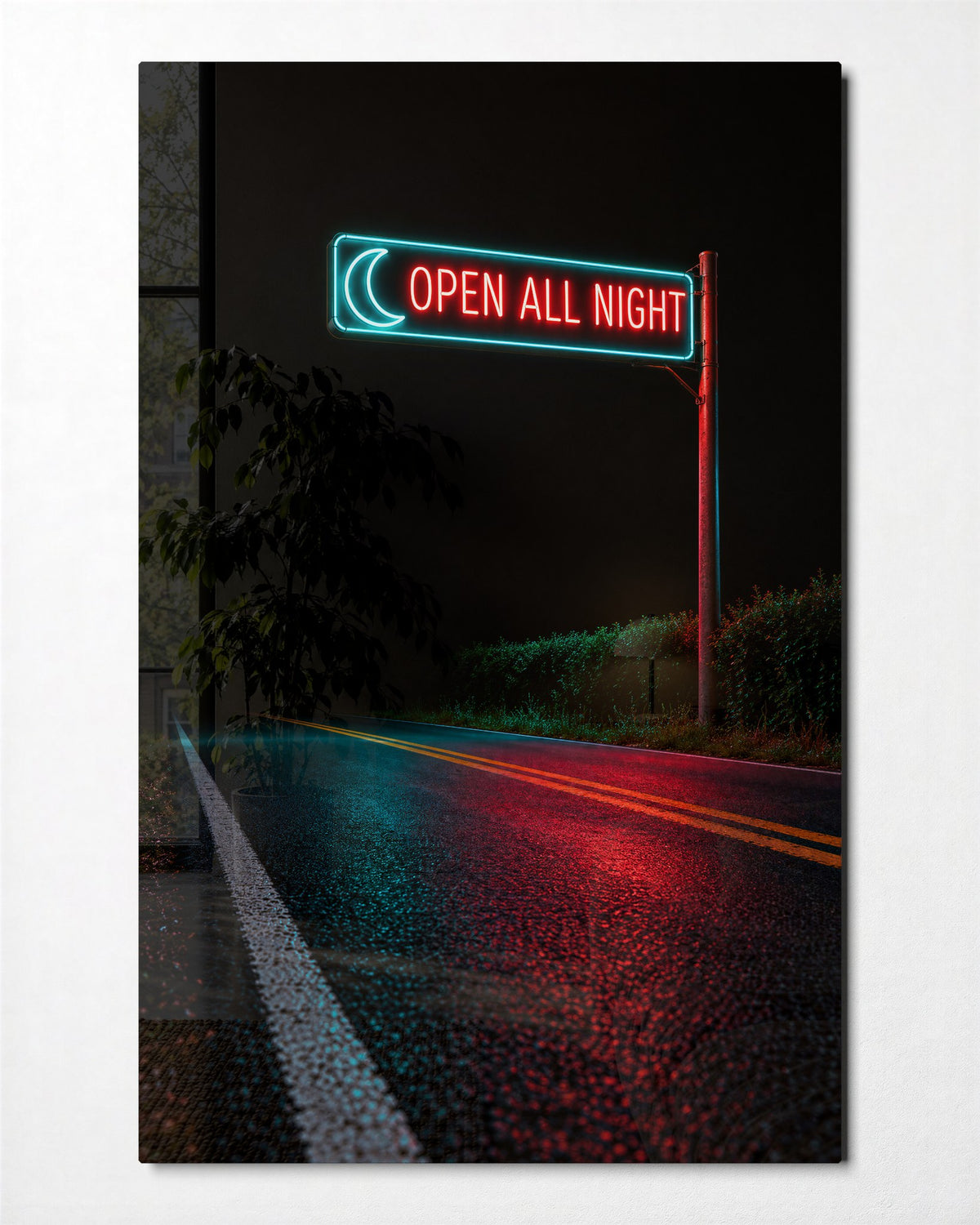 Neon on Wet Asphalt glass wall art, front view