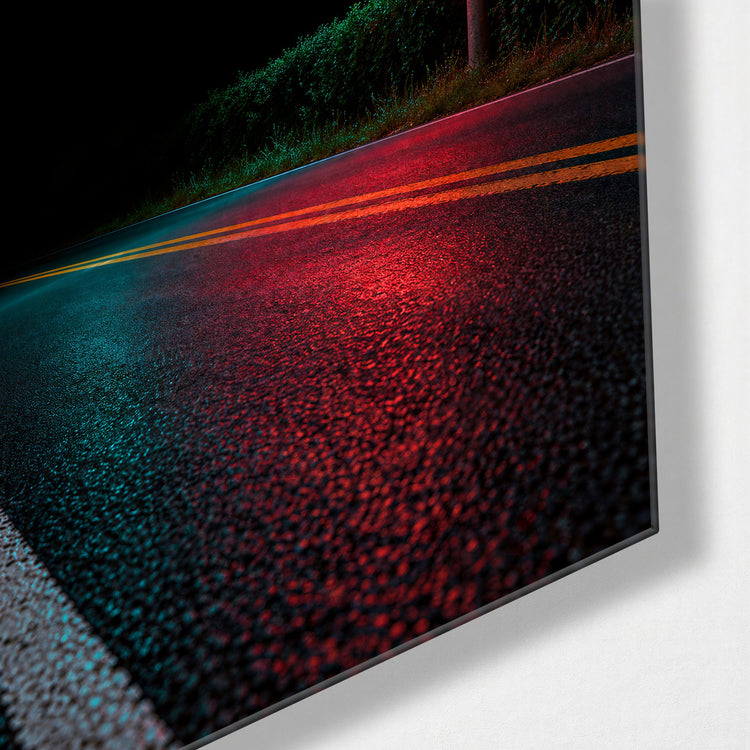 Neon on Wet Asphalt glass wall art, corner view