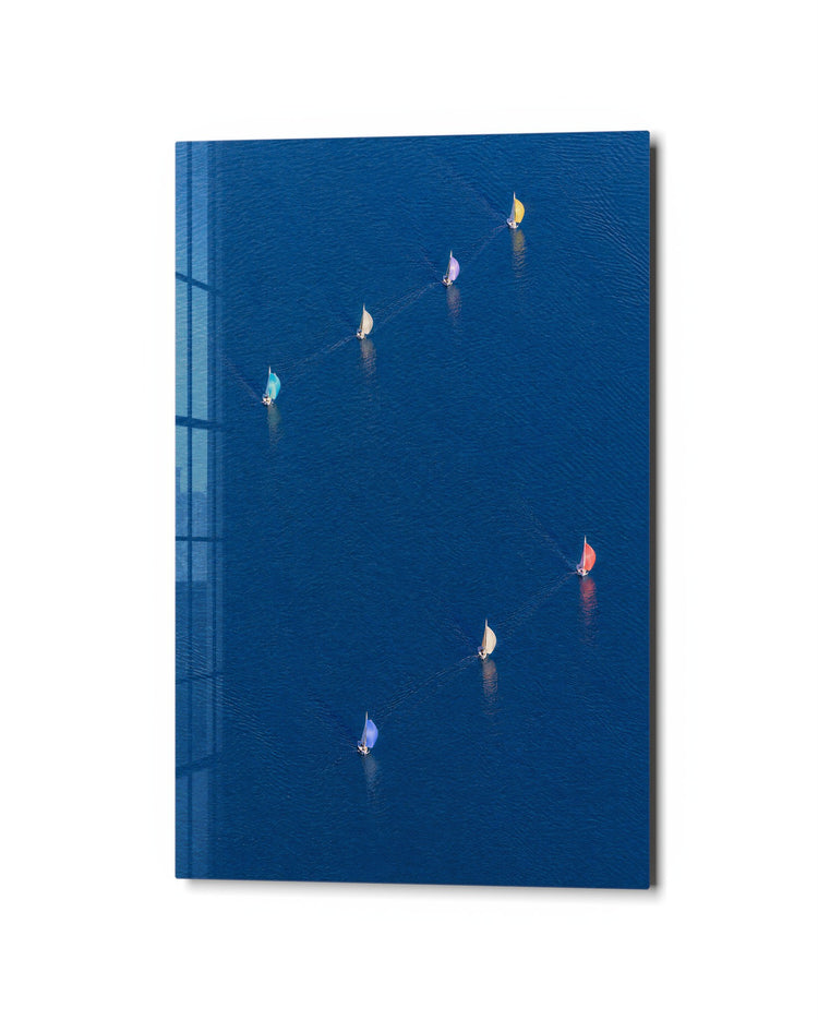Regatta from Above glass wall art, studio view
