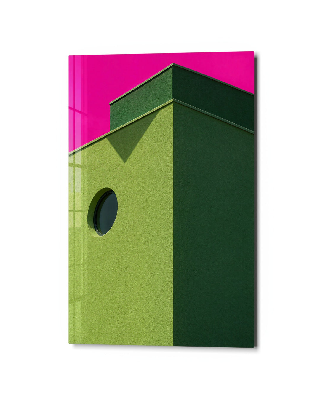 Porthole in Pink Sky glass wall art, studio view