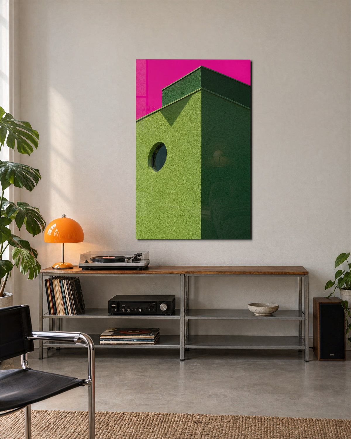 Porthole in Pink Sky glass wall art, lifestyle view