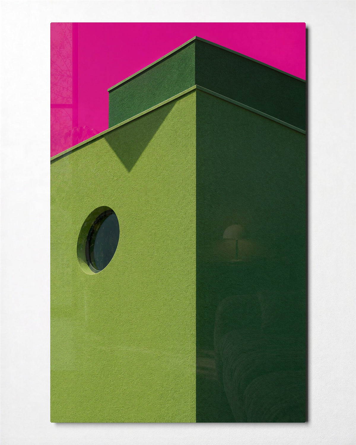 Porthole in Pink Sky glass wall art, front view