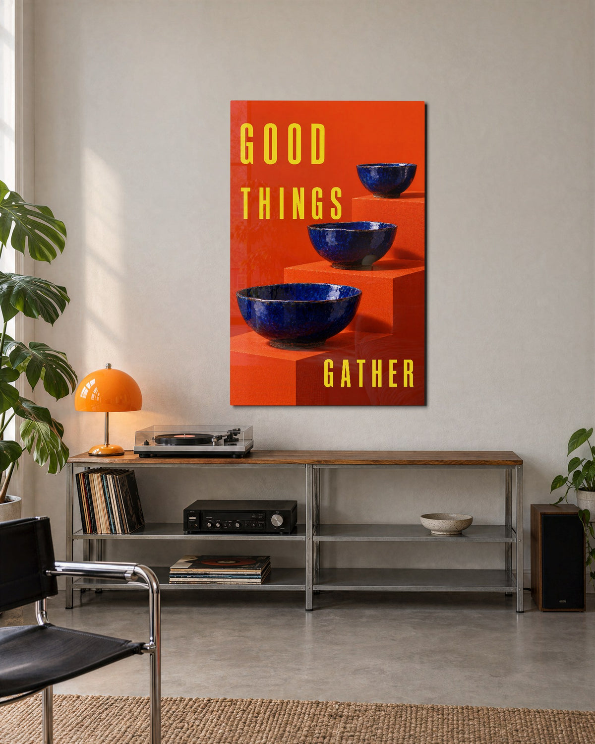 Bowls on the Steps glass wall art, lifestyle view