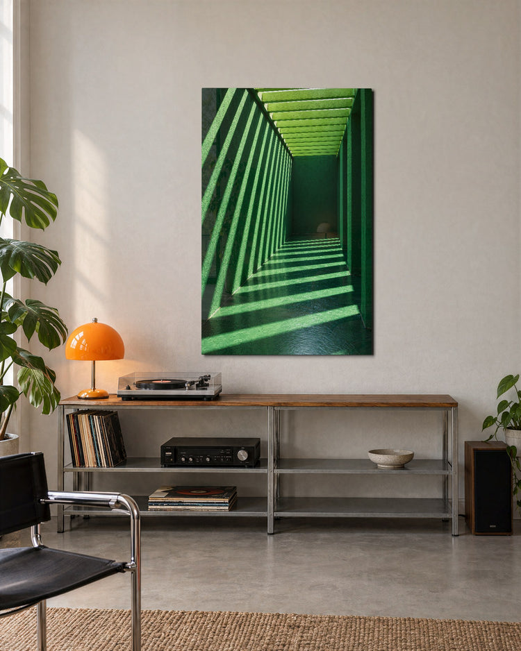Slatted Light Corridor glass wall art, lifestyle view