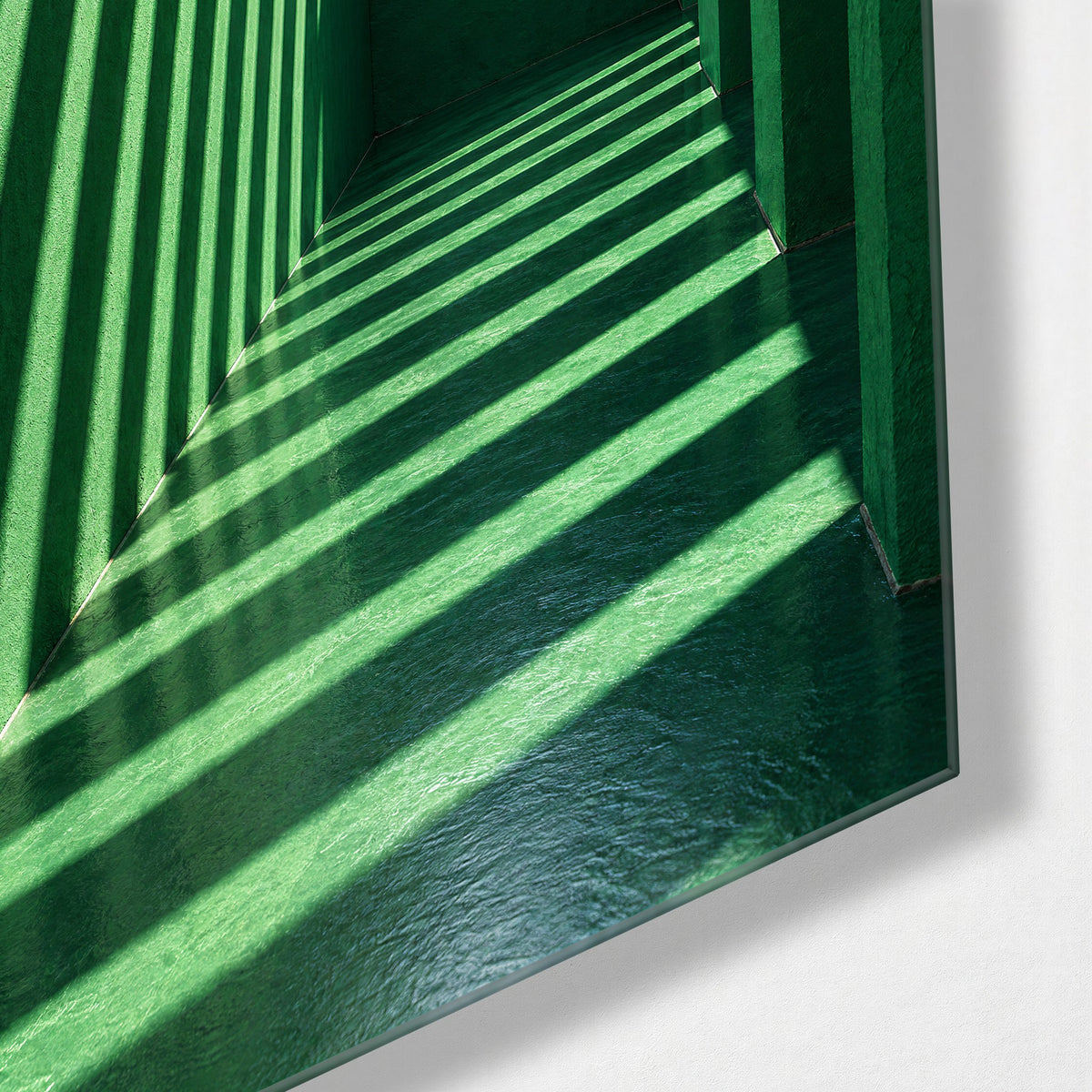 Slatted Light Corridor glass wall art, corner view