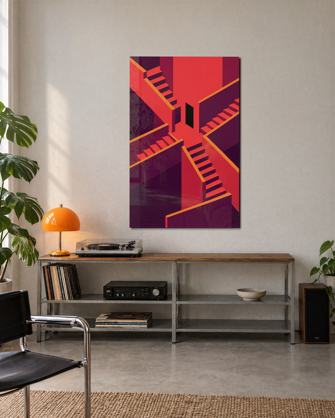 Plum Walls, Salmon Flights glass wall art, lifestyle view