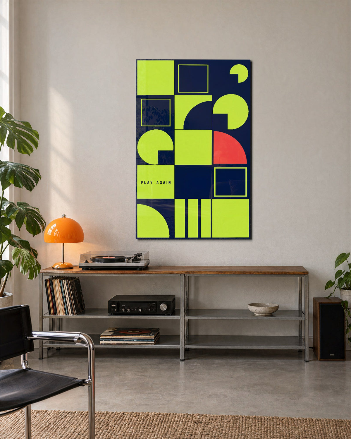 Coral in the Grid glass wall art, lifestyle view
