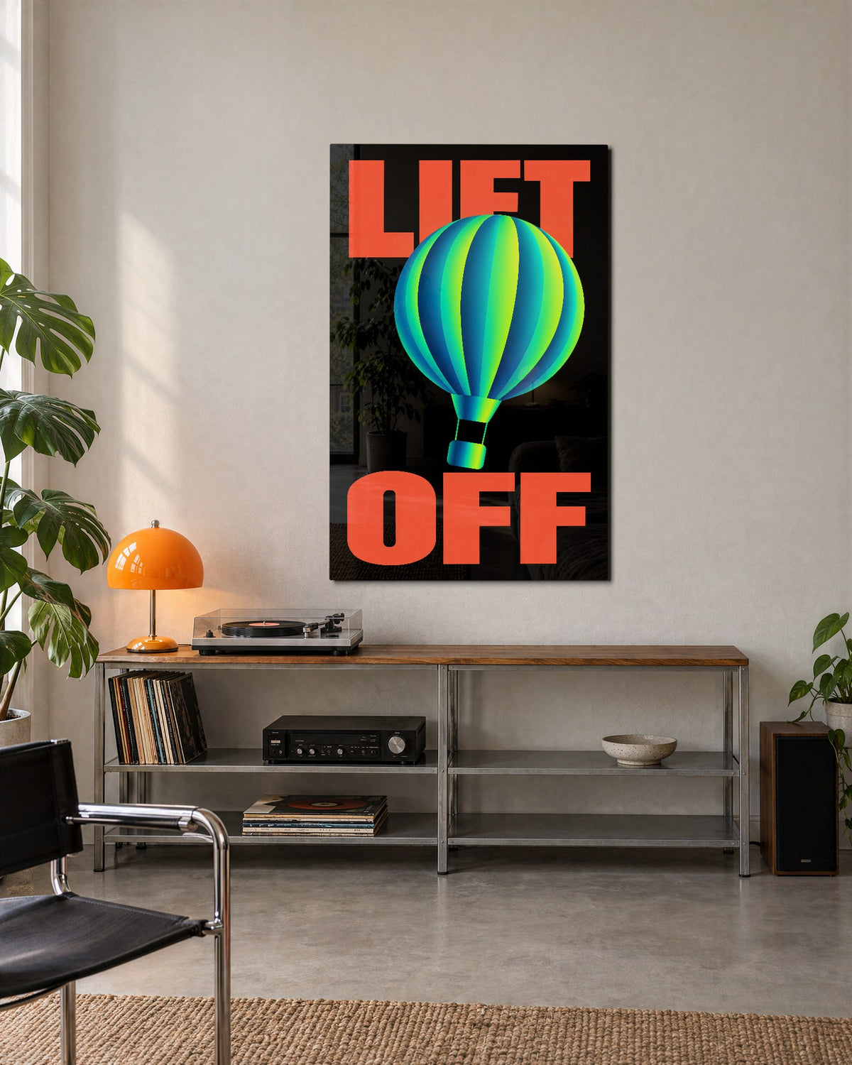 Balloon on Black glass wall art, lifestyle view