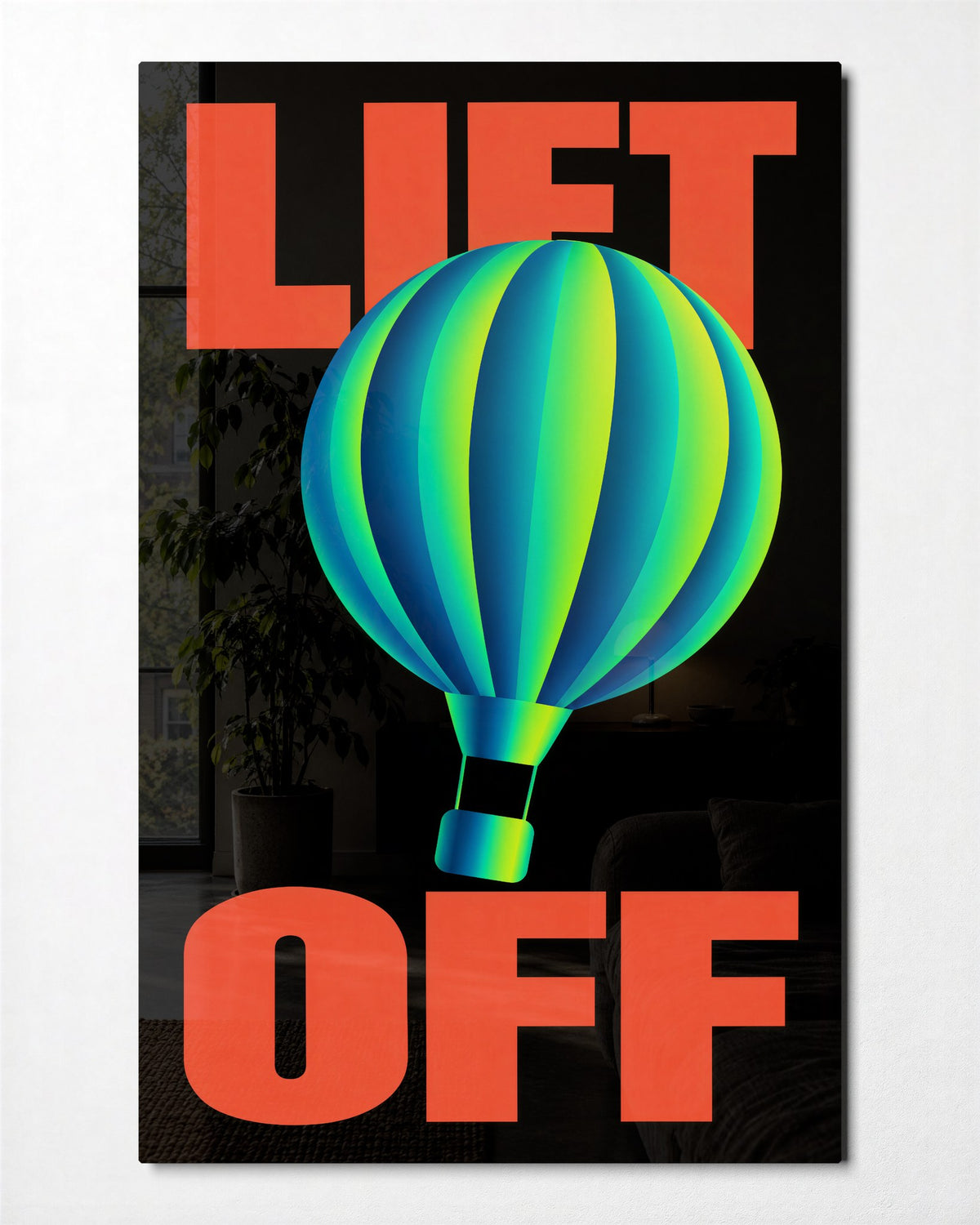 Balloon on Black glass wall art, front view