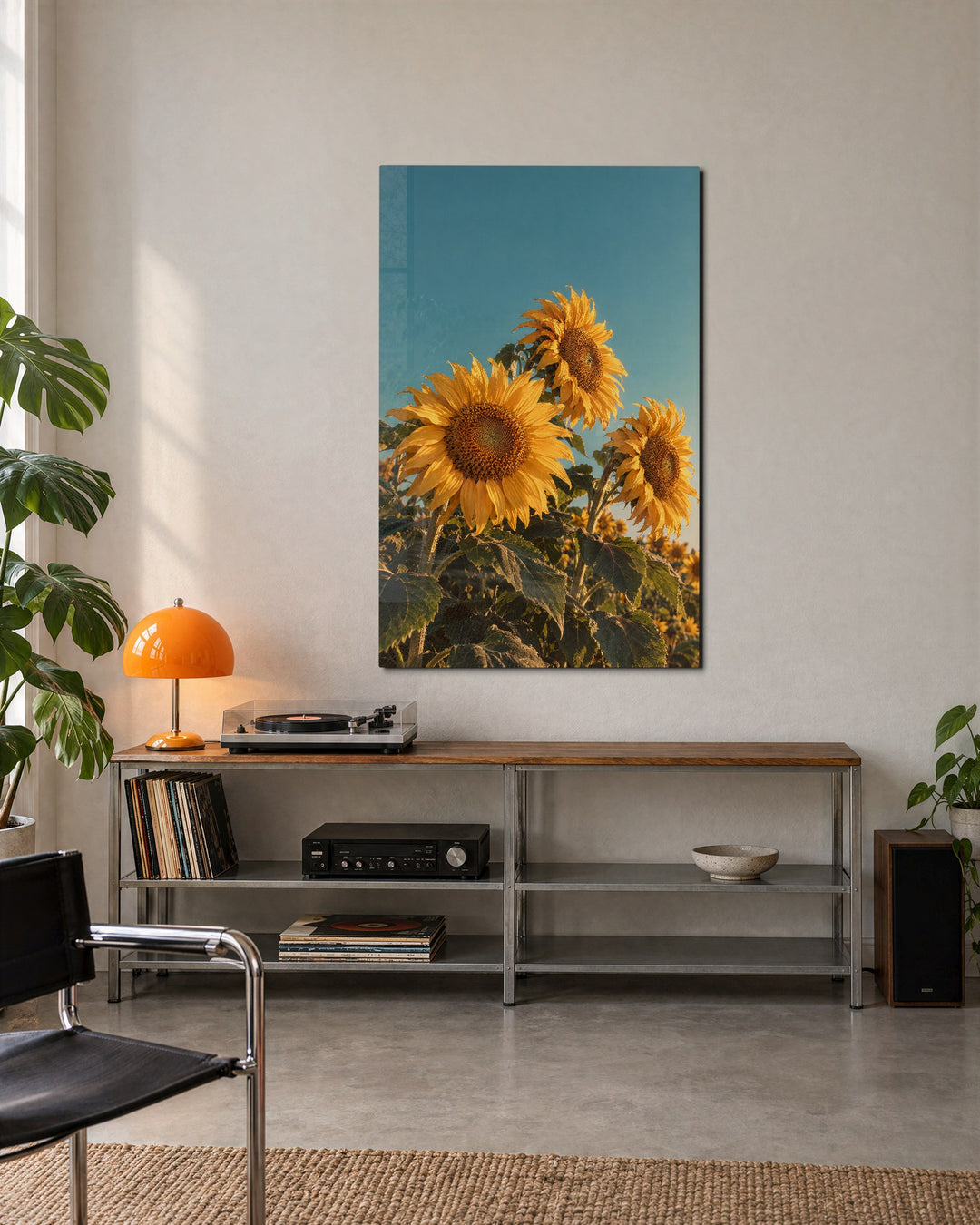 Three Heads, Three Ways glass wall art, lifestyle view