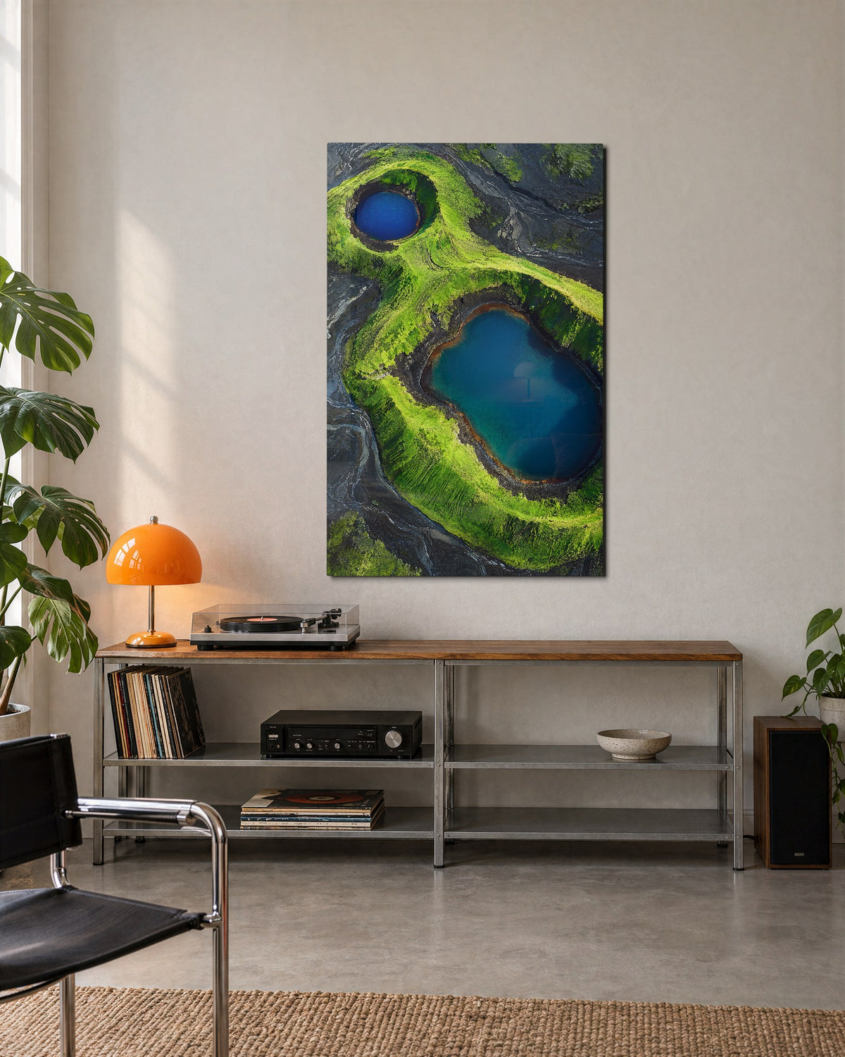 Pair of Little Lakes glass wall art, lifestyle view