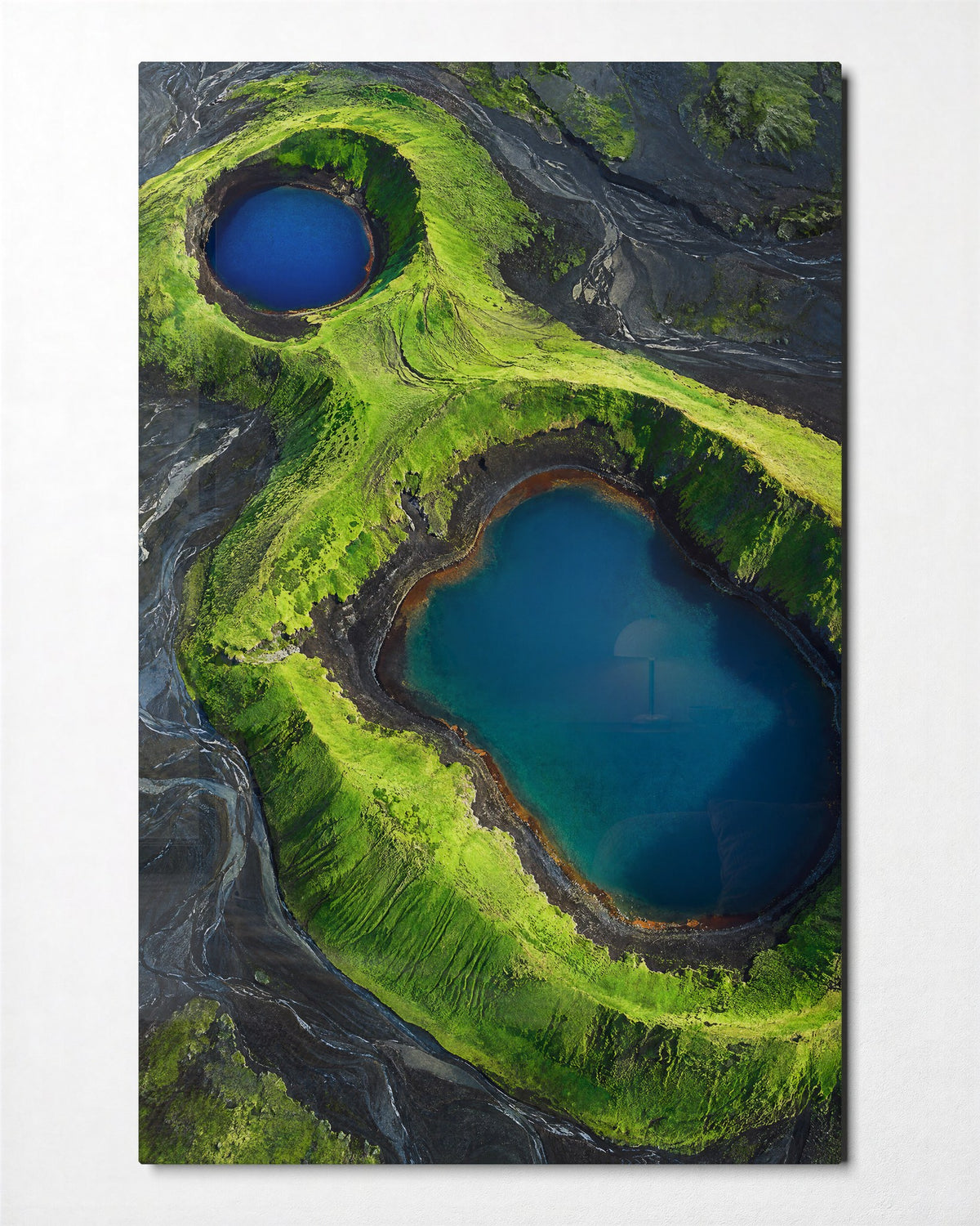 Pair of Little Lakes glass wall art, front view