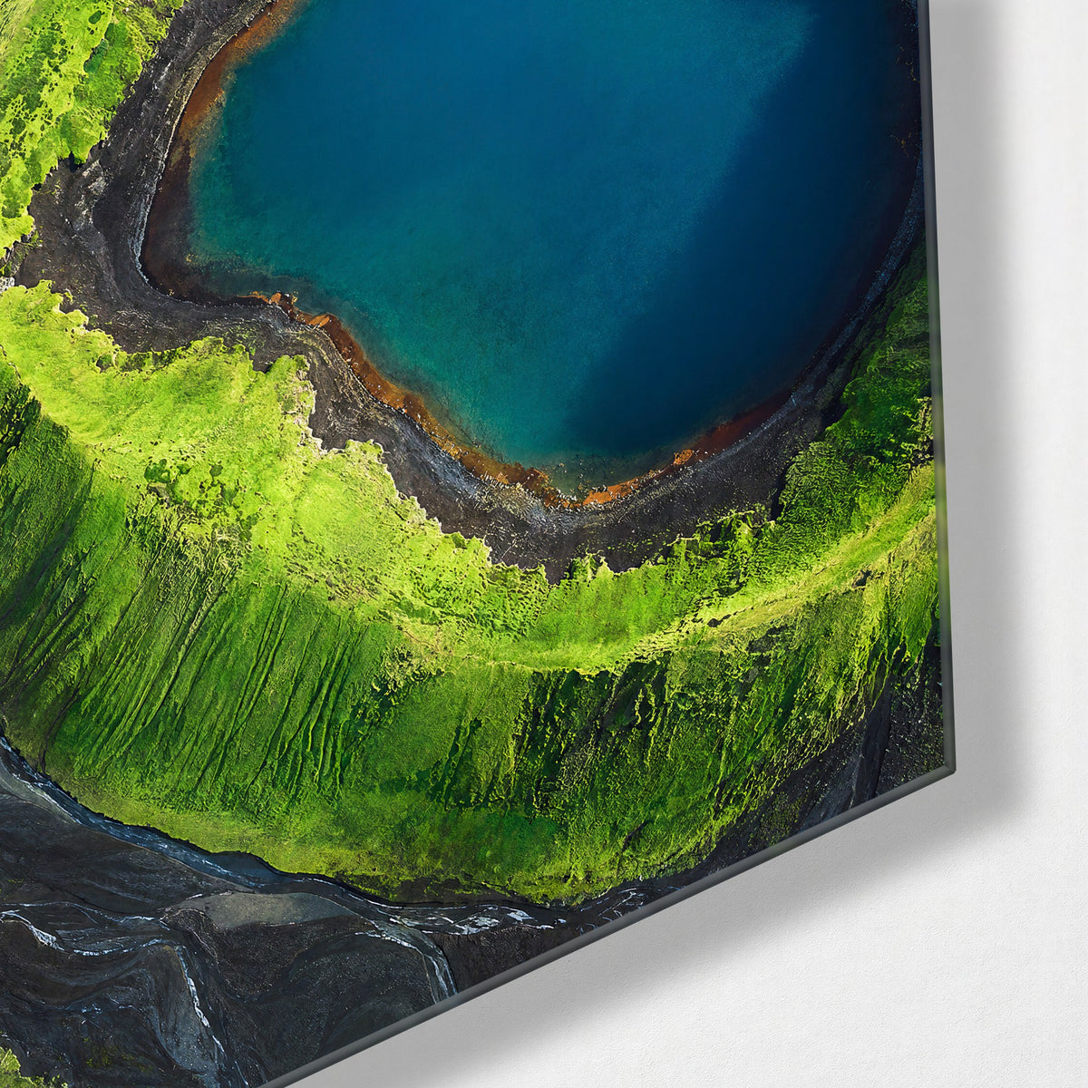 Pair of Little Lakes glass wall art, corner view