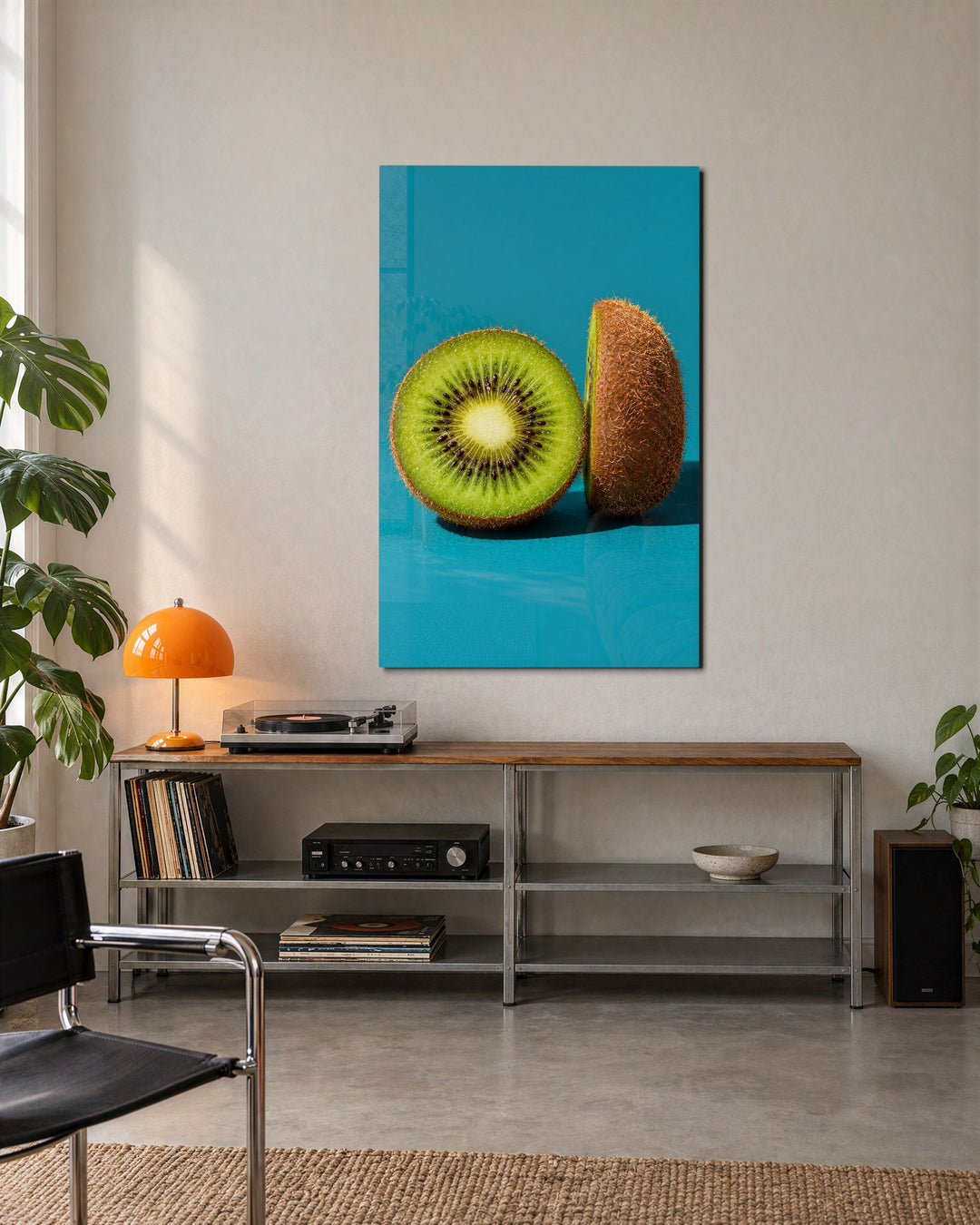 Halves Facing Off glass wall art, lifestyle view