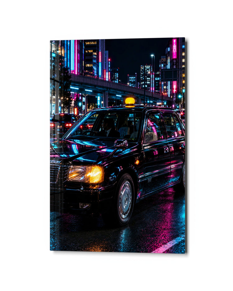 Cab in the Rain Light glass wall art, studio view