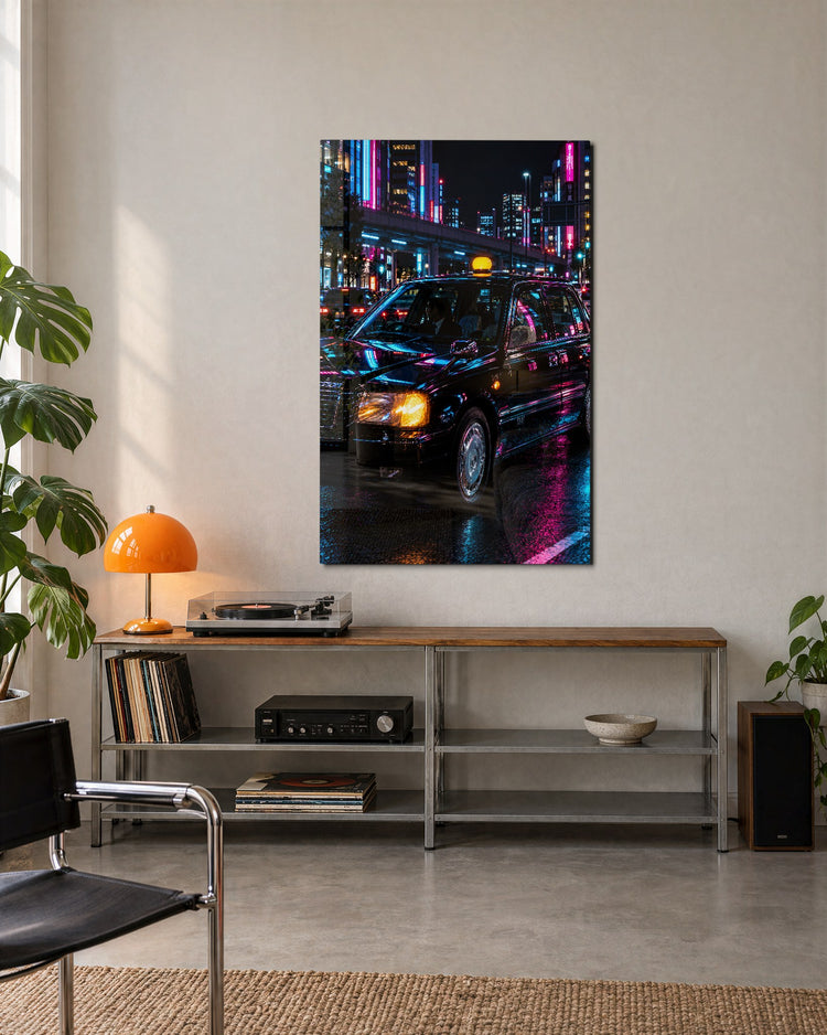 Cab in the Rain Light glass wall art, lifestyle view