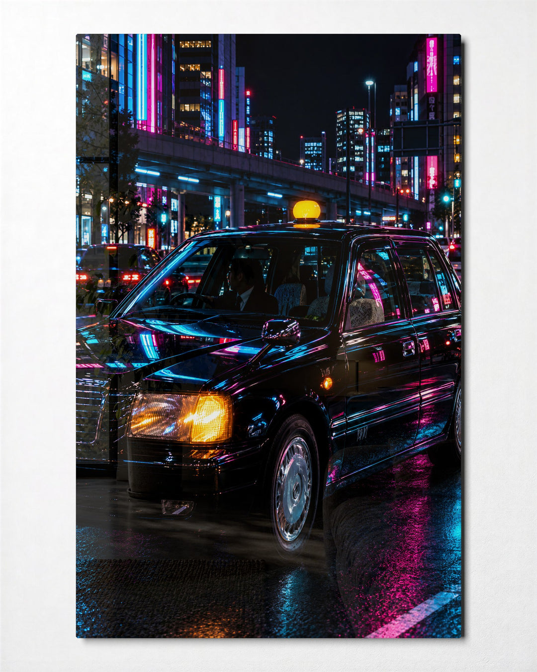 Cab in the Rain Light glass wall art, front view