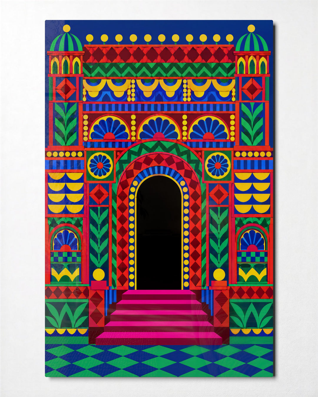 The Busiest Doorway glass wall art, front view