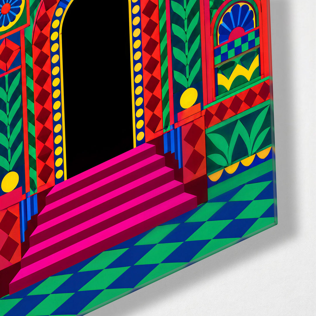 The Busiest Doorway glass wall art, corner view
