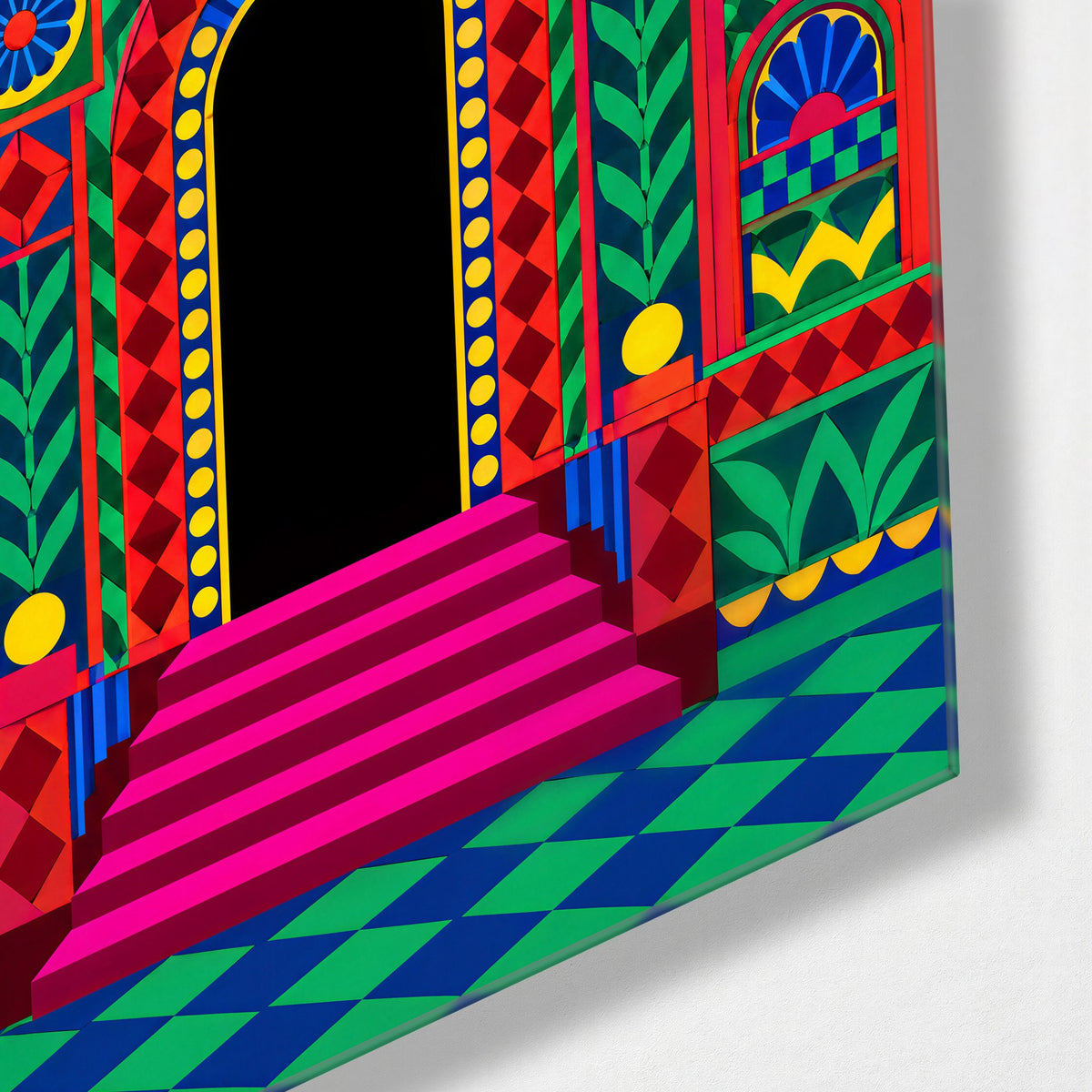The Busiest Doorway glass wall art, corner view