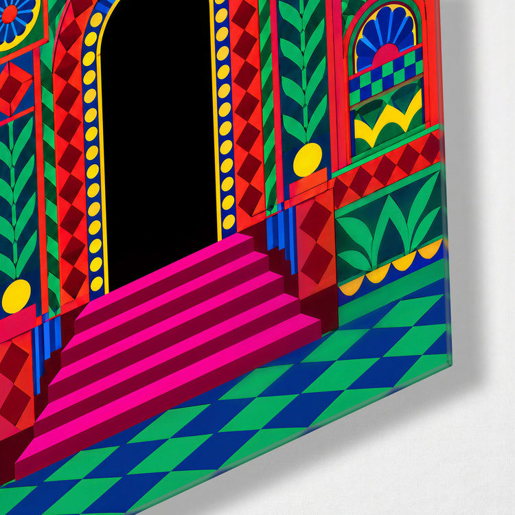 The Busiest Doorway glass wall art, corner view