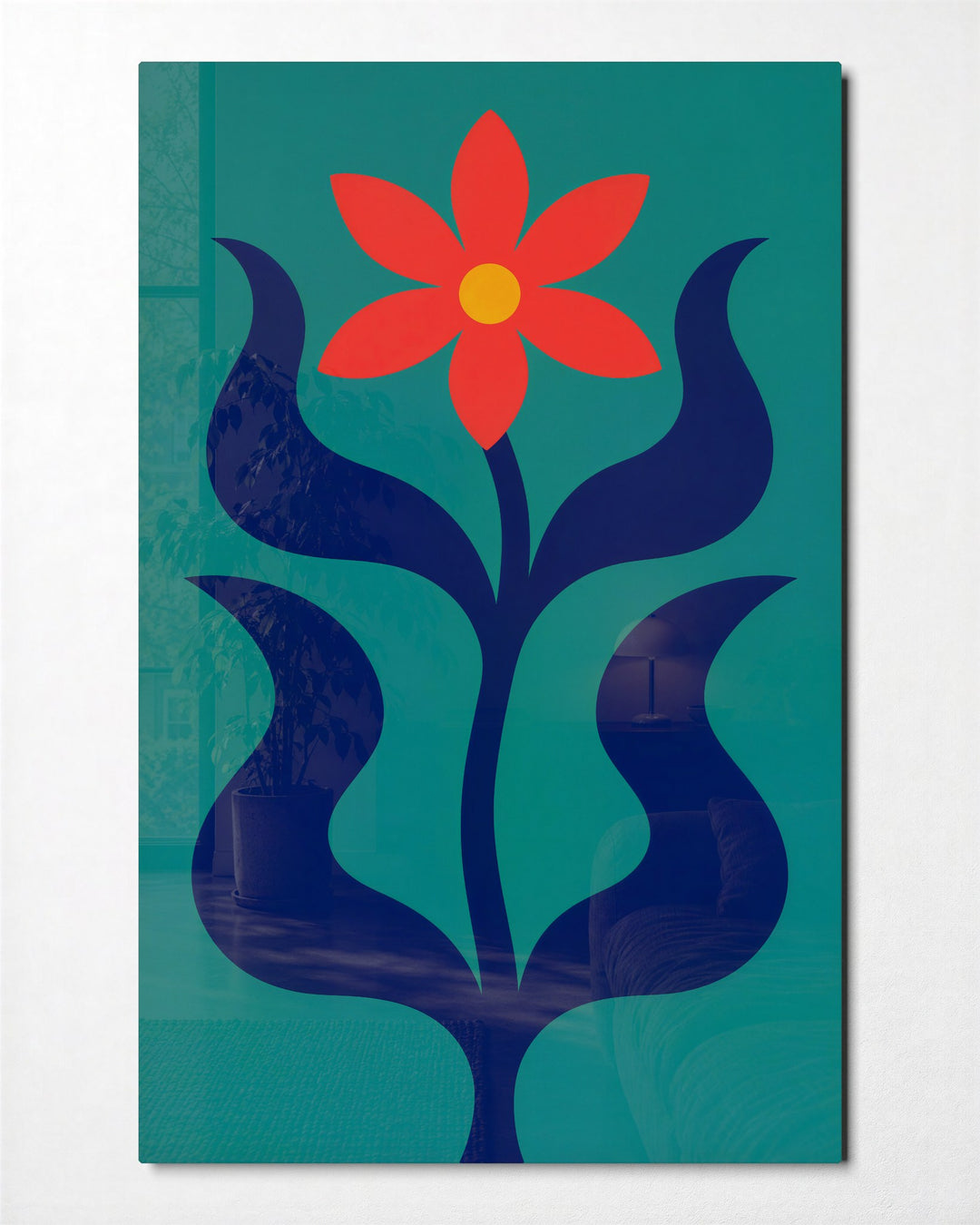 Solo Bloom glass wall art, front view