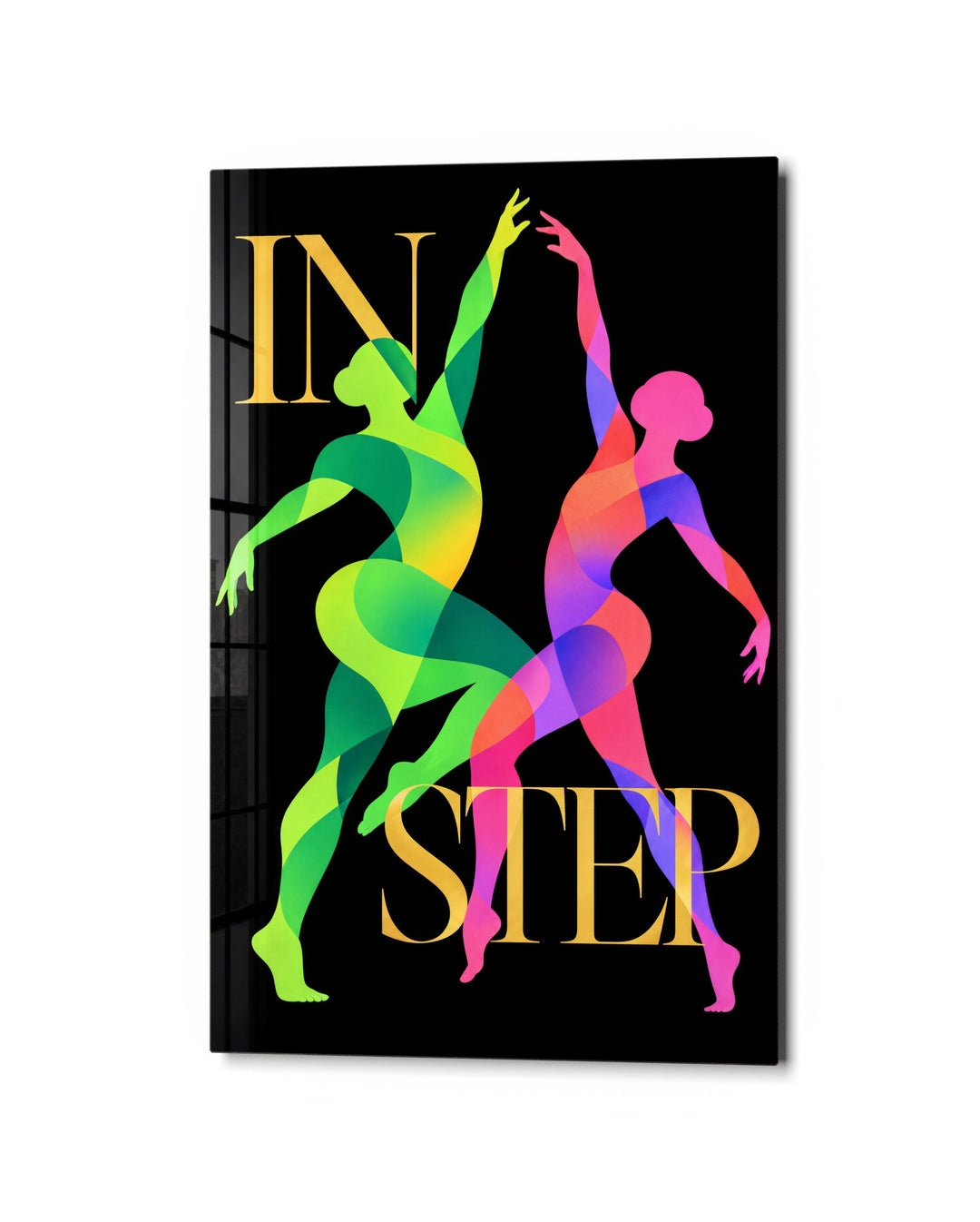 Two Dancers, Matched Strides glass wall art, studio view