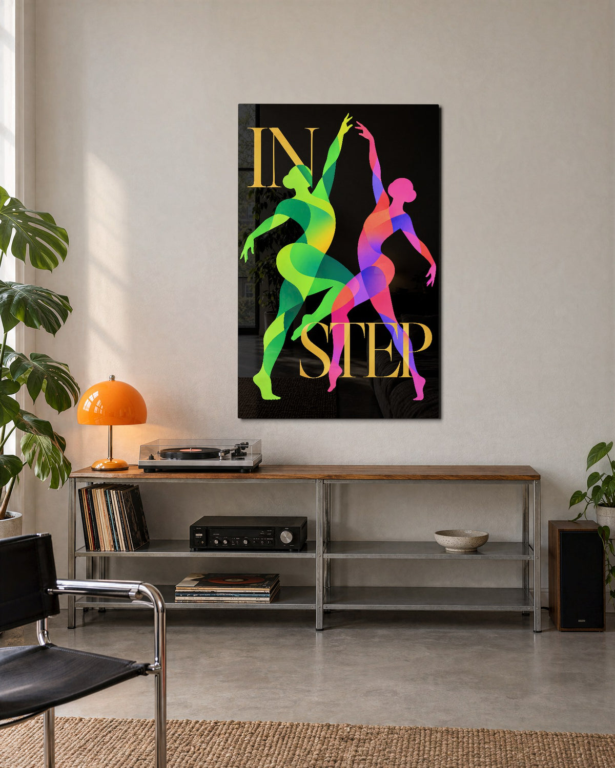 Two Dancers, Matched Strides glass wall art, lifestyle view